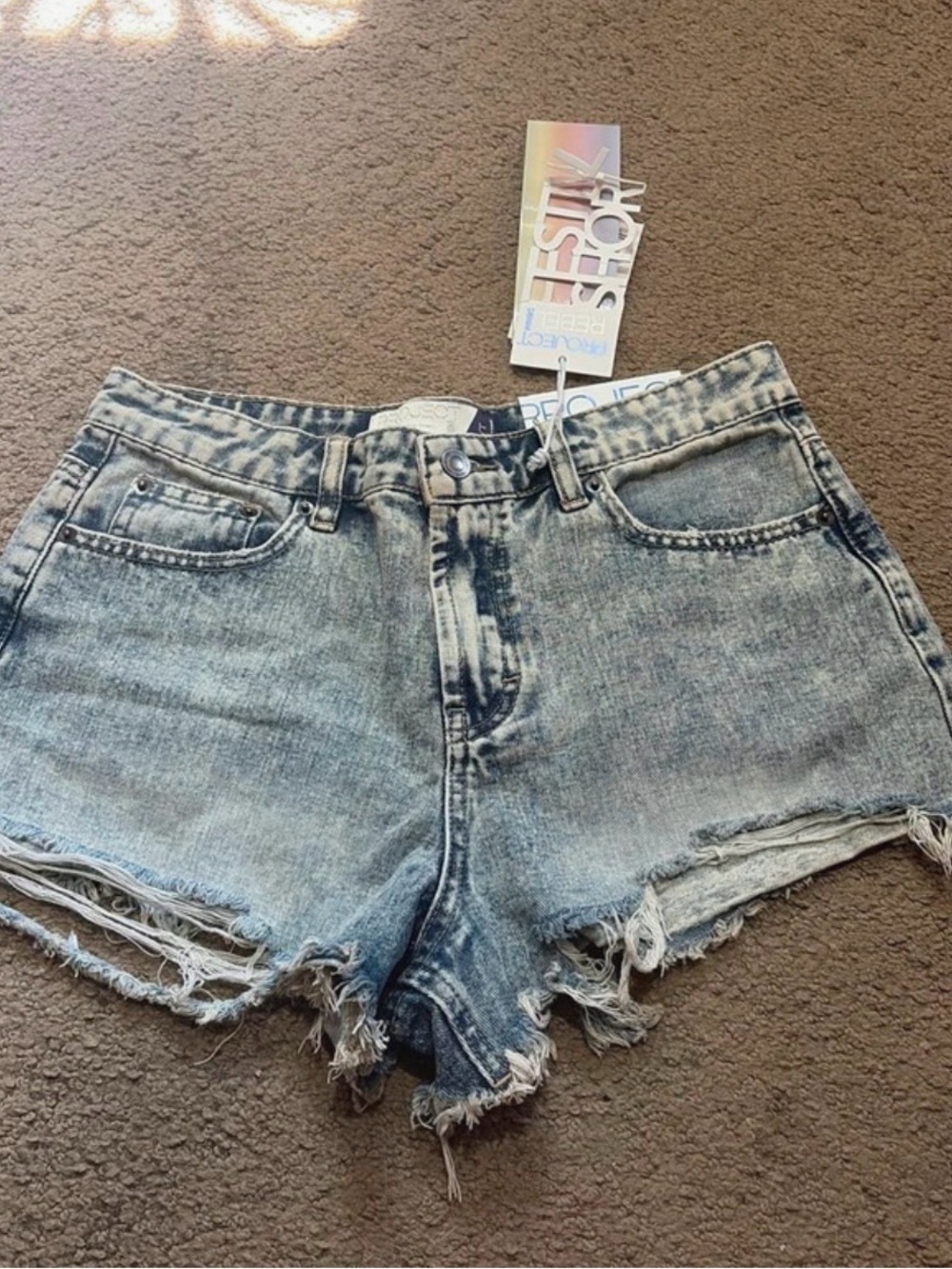 Rebels Light Blue Acid Wash Distressed Denim Shorts